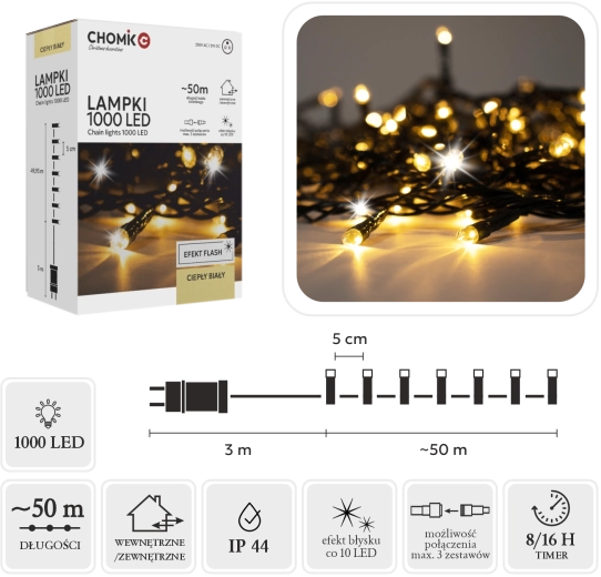 Łańcuch świetlny LED 1000 LED ciepła biel + zimny flash 53 m (3 m przewodu zasilającego) do użytku wewnętrznego i zewnętrznego