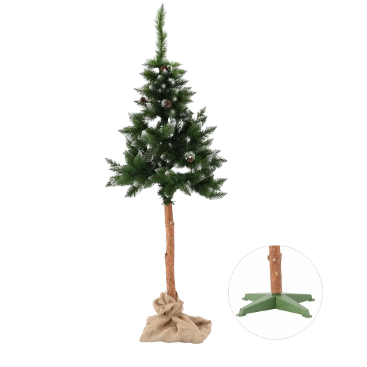 Sztuczna choinka na naturalnym pniu ośnieżona sosna z szyszkami 190 cm