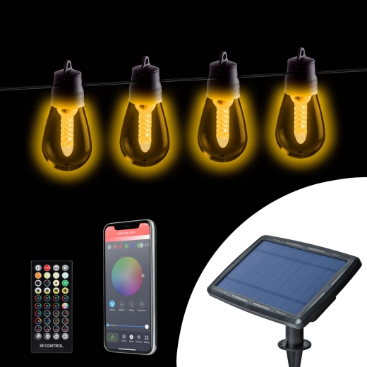 Solarny łańcuch świetlny z 25 białymi żarówkami LED i sterowaniem Bluetooth