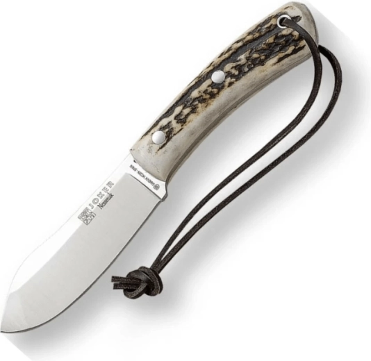 Joker Nessmuk bushcraft nóż myśliwski, 11 cm, poroże jelenia, skórzane etui