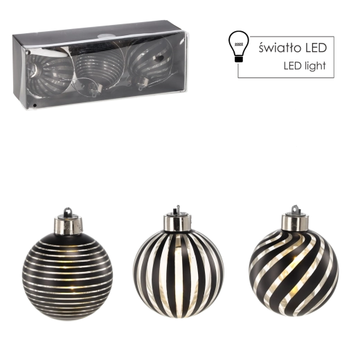 Zestaw szklanych ozdób choinkowych ze srebrnym oświetleniem LED 8 cm (3 szt.) Chomik