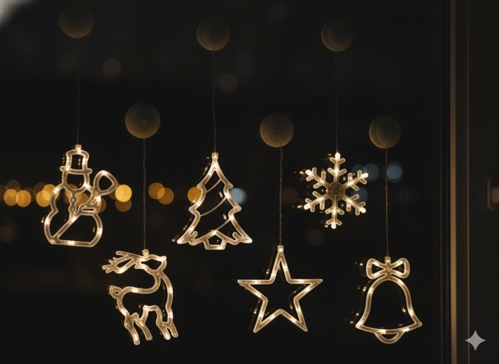 Świąteczna okienna dekoracja LED z przyssawką na baterie, ciepła biel, mix 6 kształtów