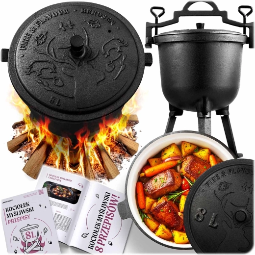 Żelazny emaliowany kociołek 8 l na ognisko i grill