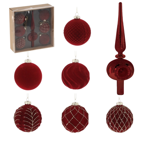 Zestaw 7 szklanych bombek choinkowych w kolorze bordowym