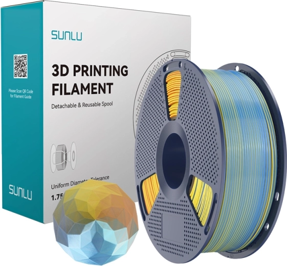Sunlu PLA+ Silk czterokolorowy filament niebieski–fioletowy–pomarańczowy–żółty
