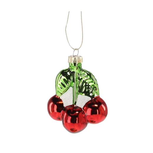 Szklana ozdoba bożonarodzeniowa czereśnie z liśćmi, zestaw 12 szt.