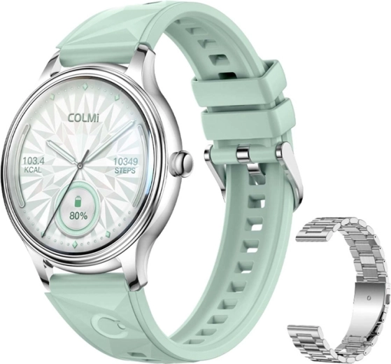 Smartwatch COLMI L28 – srebrno‑zielony ze stalową bransoletą