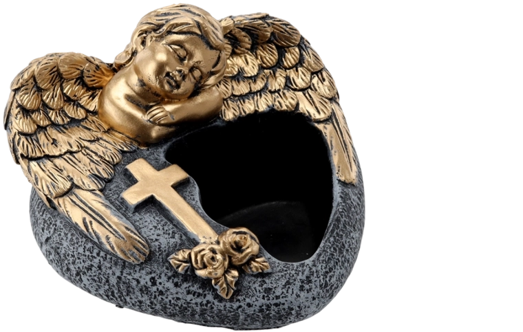 Cementowa donica cmentarna anioł, ciemnoszara ze złotymi zdobieniami 16 × 17,5 × 11 cm