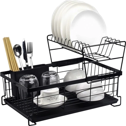 Dwupoziomowa suszarka do naczyń RUHHY z tacką i przegródką na sztućce, czarna