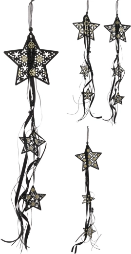 Zawieszana drewniana gwiazda z wstążkami 16 cm – czarno‑złota dekoracja