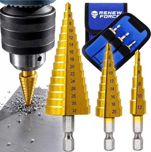 Zestaw wierteł stopniowych RENEW FORCE z powłoką tytanową 4–32 mm