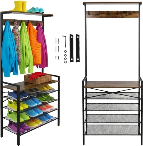 Wolnostojący organizer do przedpokoju z wieszakiem RUHHY, metal i drewno, 4 półki na buty