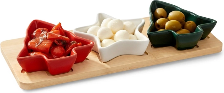 Porcelanowe miseczki na przekąski na tacy, zestaw 4‑częściowy