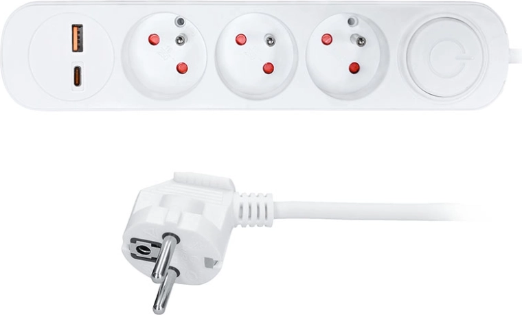 Przedłużacz Solight z 3 gniazdami, USB-A i USB-C PD 20 W, 2 m, biały, z wyłącznikiem