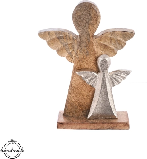 Anioł z drewna mango z metalowym detalem 32,5 cm
