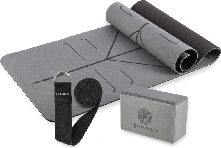 Szary zestaw do jogi HMS – mata, klocek i pasek