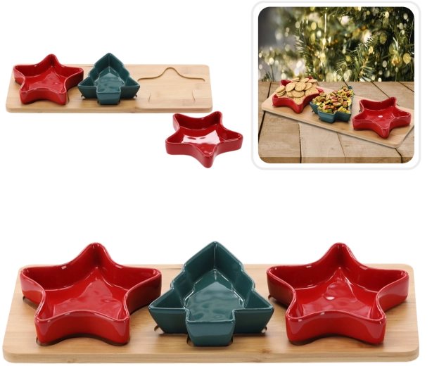 Świąteczny zestaw ceramicznych misek na bambusowej desce