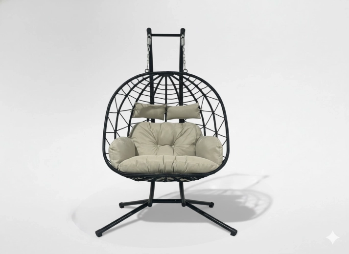 Wiszący podwójny fotel LUVO, składany, czarna rama, jasnoszara poduszka