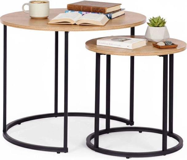 Zestaw dwóch okrągłych stolików kawowych z jasnego dębu w stylu loftowym ModernHome
