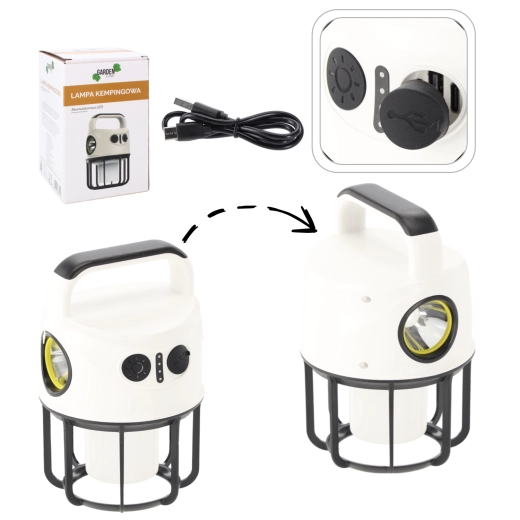 Akumulatorowa kempingowa lampa LED z powerbankiem i reflektorem