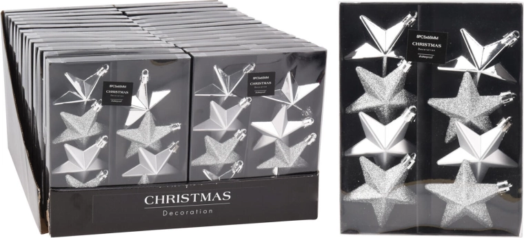 Gwiazdy bożonarodzeniowe 6,5 cm – srebrny mix (8 szt.)