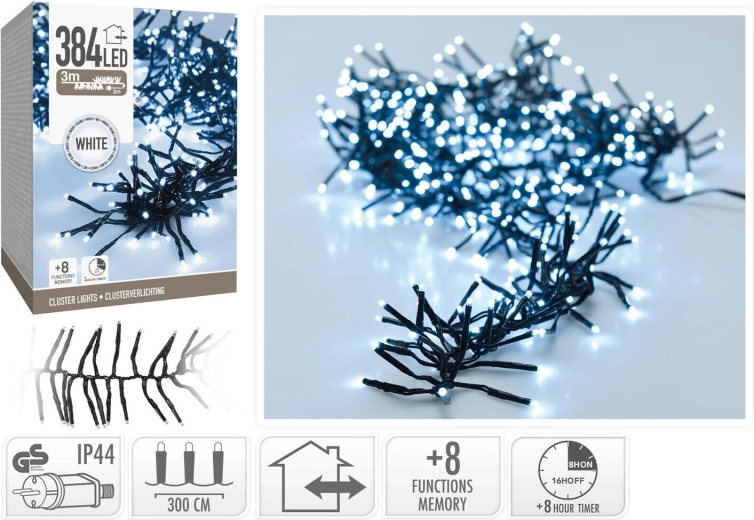 Świąteczny łańcuch LED 3 m, zimna biel, 384 LED, 8 trybów z timerem