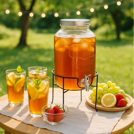 Szklany dyspenser do napojów 4 l z kranikiem i metalową pokrywką na stojaku