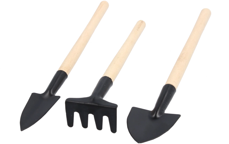 Zestaw narzędzi ogrodniczych – łopatka, sadzarka i grabki z drewnianą rączką