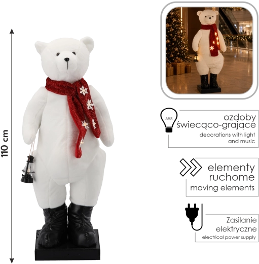 Dekoracja świąteczna niedźwiedź polarny z oświetleniem LED, melodią i ruchem, 110 cm