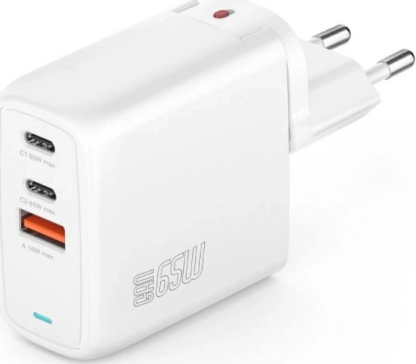 Ładowarka sieciowa GaN Flex 65W, 2× USB‑C + 1× USB‑A, biała