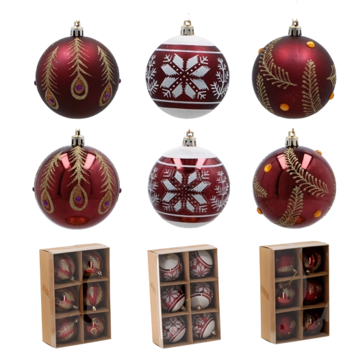 Zestaw 6 bordowych bombek świątecznych 8 cm z nietłukącego plastiku