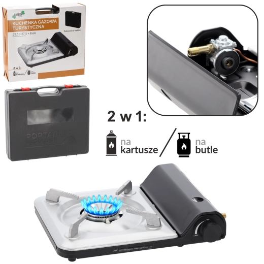 Turystyczna kuchenka gazowa 2w1 na kartusze i butle 3,5 kW