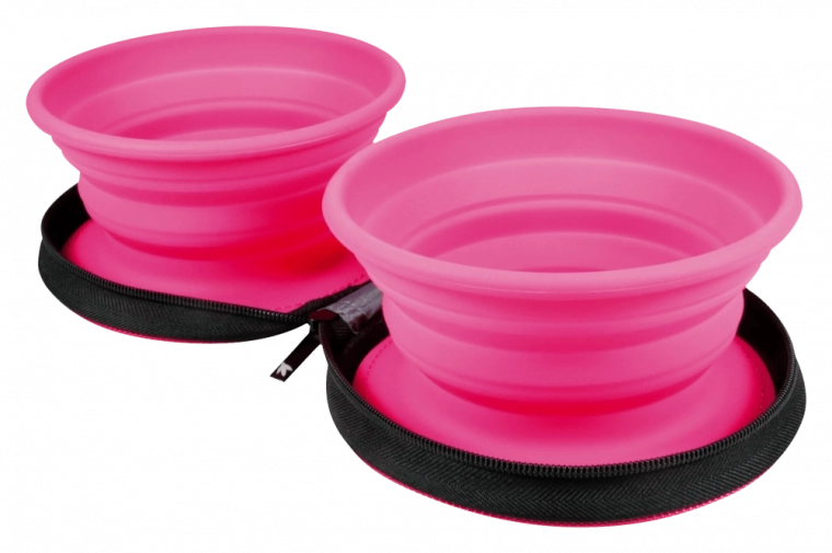 Podwójna miska turystyczna dla zwierząt Kiwi Walker – różowa, składana silikonowa 2×350 ml