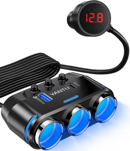 Rozdzielacz do gniazda zapalniczki samochodowej Yantu z 3 gniazdami, USB i USB‑C – 1 sztuka