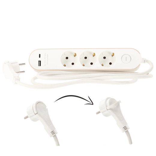Listwa przeciwprzepięciowa z wyłącznikiem, 3 gniazda Schuko i 2 USB (USB-A + USB-C), 1,5 m, biała