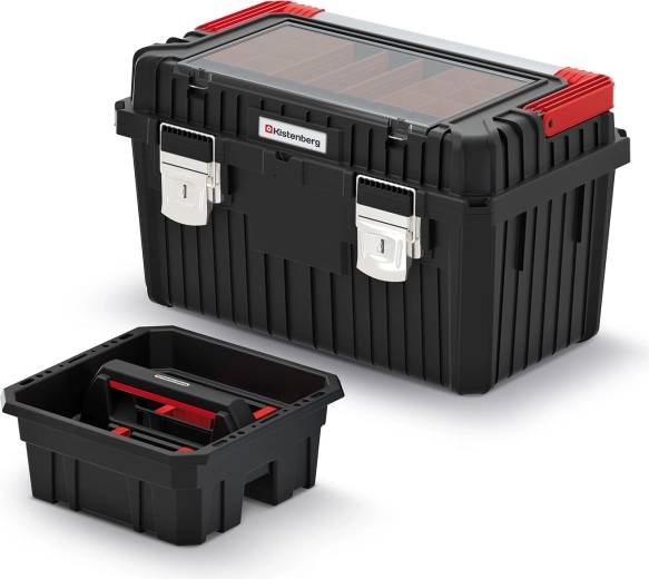 Skrzynia na narzędzia Heavy z metalową rączką i zamkami, 585 × 360 × 337 mm, czarna