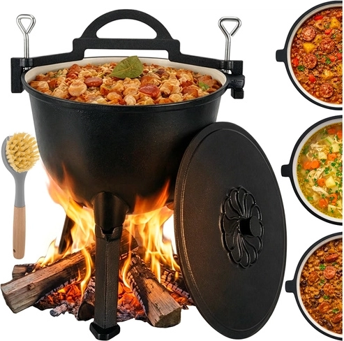 Żelazny emaliowany kociołek na ognisko 10 l KAMINER ze stojakiem i pokrywką