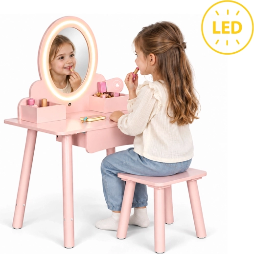Dziecięca drewniana toaletka ECOTOYS z lustrem LED, taboretem i akcesoriami