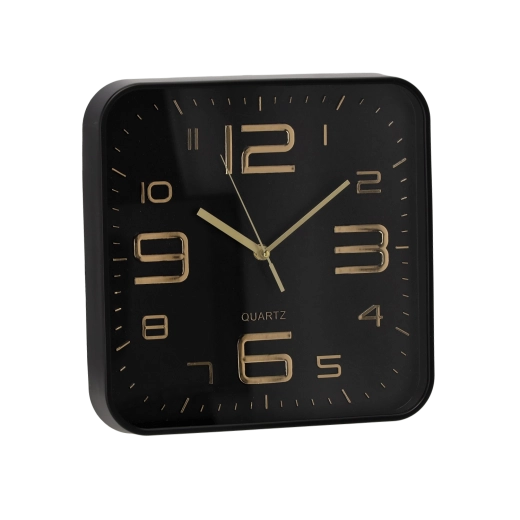 Zegar ścienny kwadratowy 30,2 × 30,2 cm czarny ze złotymi cyframi