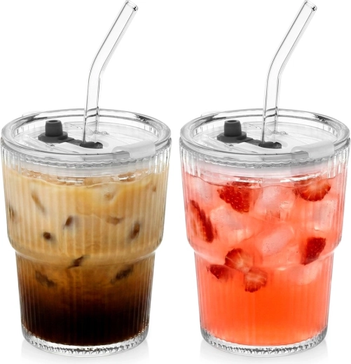 Szklane kubki typu tumbler z pokrywką i słomką 340 ml, zestaw 2 szt.
