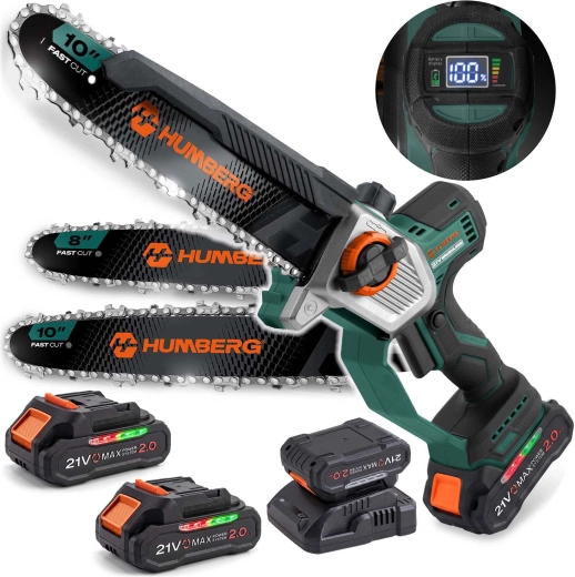 Humberg HM-437 akumulatorowa mini piła łańcuchowa z prowadnicą 10" i 8" (2× 21 V 2,0 Ah)