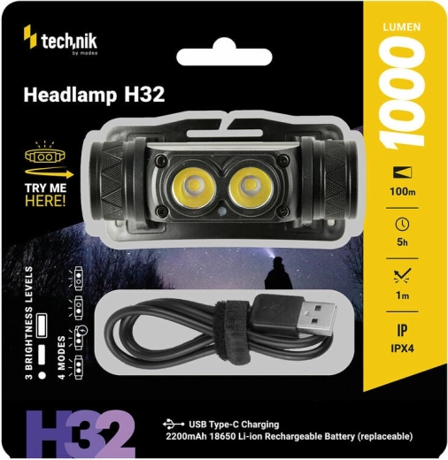 Latarka czołowa ładowana z diodą LED OSRAM P9, USB‑C, 1000 lm, stroboskop Technik MT-H32