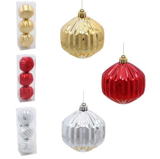 Zestaw świątecznych bombek 8 cm – czerwone, złote i srebrne, błyszczące żebrowane ozdoby (3 szt.)