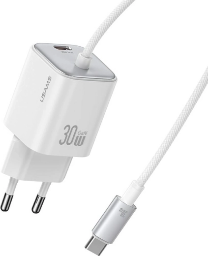 USAMS seria JC CC264 30 W szybka ładowarka GaN ze zintegrowanym kablem USB‑C (biała)