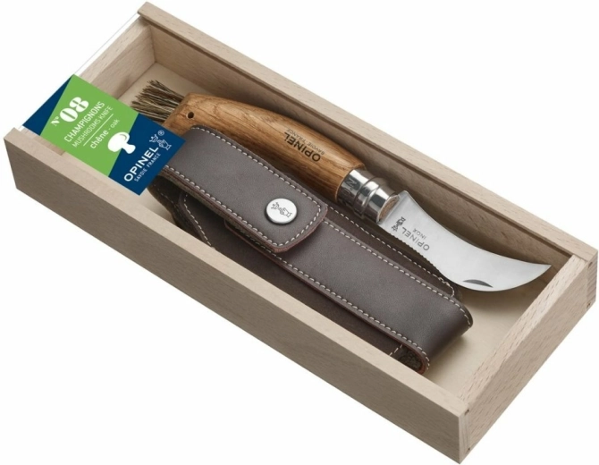 Opinel N°08 Inox, nóż składany do grzybów, dąb, skórzane etui, pudełko prezentowe