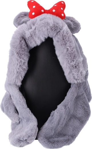 Dziecięca pluszowa czapka z szalikiem dla dzieci od 1 do 8 lat – szara z czerwoną kokardką