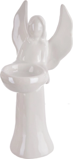 Dekoracyjny ceramiczny anioł – świecznik w białej perłowej barwie 20 cm