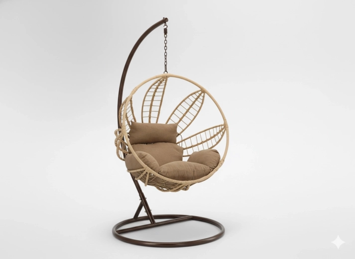 Wiszący fotel Sobre – naturalny splot, szara poduszka, brązowa rama