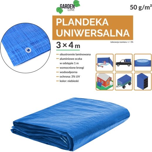 Uniwersalna niebieska plandeka 3 × 4 m, 50 g/m², UV 3%