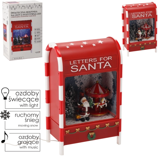 Świąteczna skrzynka pocztowa z LED, muzyką i karuzelą, czerwona, 25 × 15 × 40 cm
